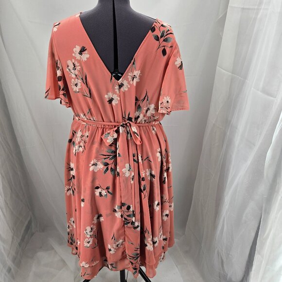 718-2 Torrid Peach Floral Midi Chiffon flutter sleeve Wrap Dress Size 2 18/20 - Picture 7 of 13